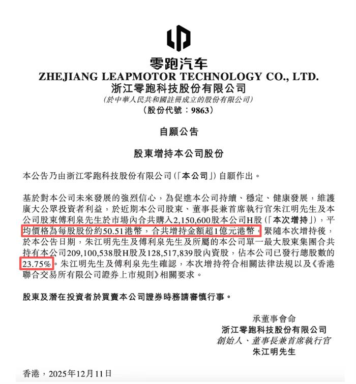 朱江明及傅利泉斥资1亿增持零跑汽车